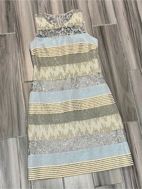 Kay Unger Sleeveless Striped Midi Dress in Light Blue, Cream, and Gray